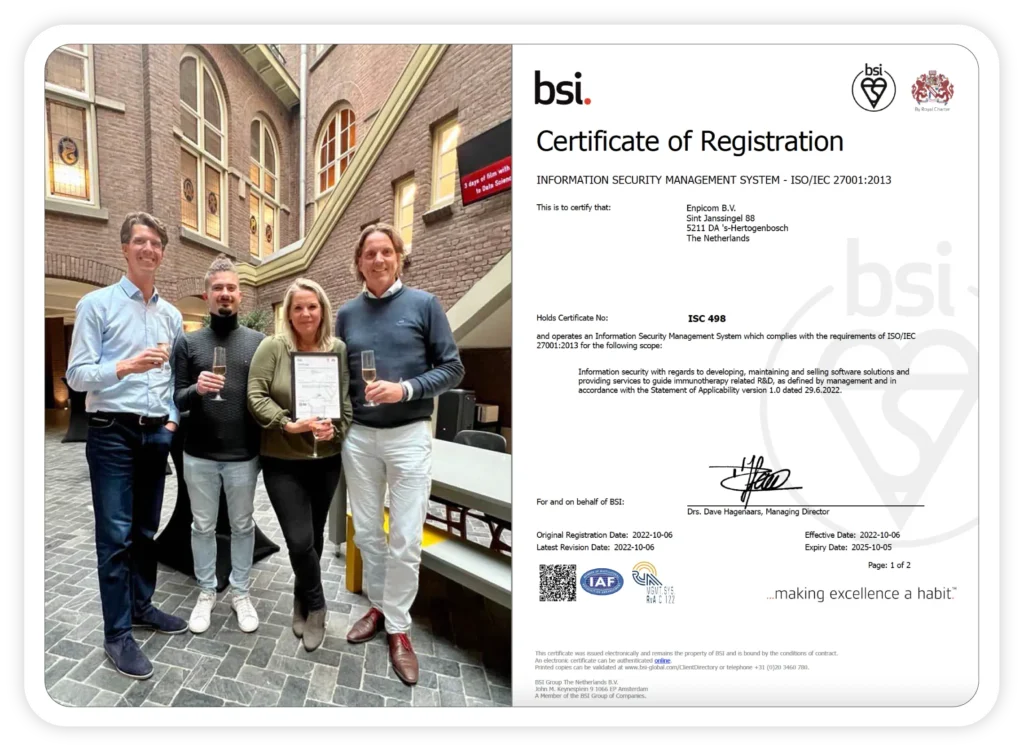 A closeup of the BSI Certificate received by ENPICOM.