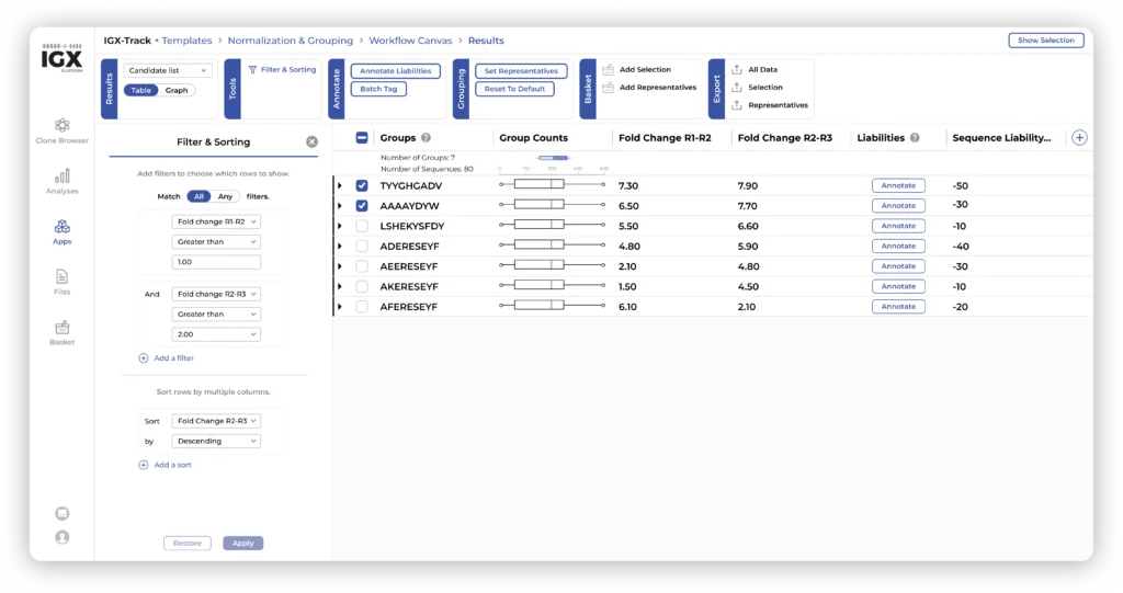 Table filtering and sorting of results using IGX-Track.