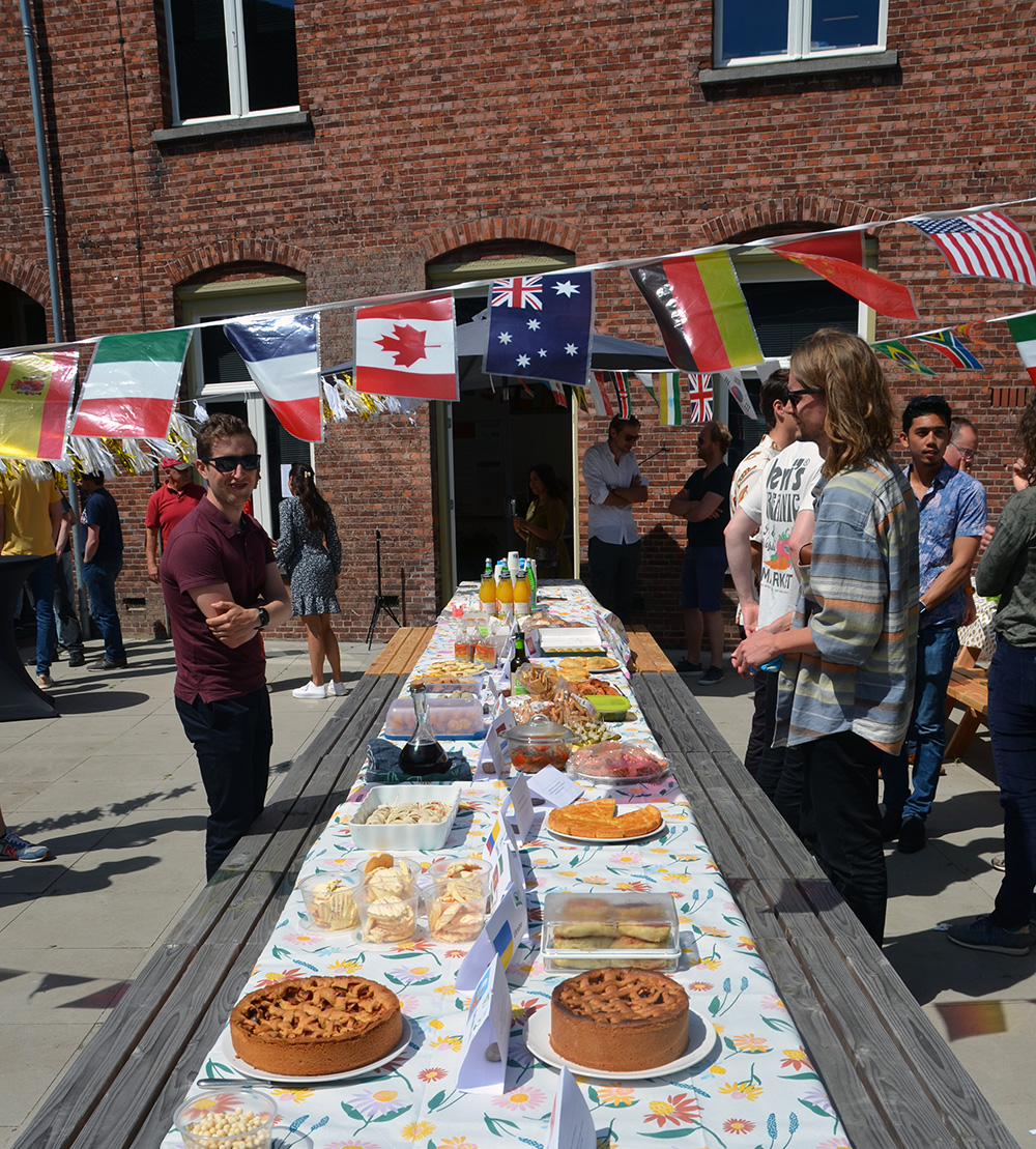 Outdoor party with international flags.