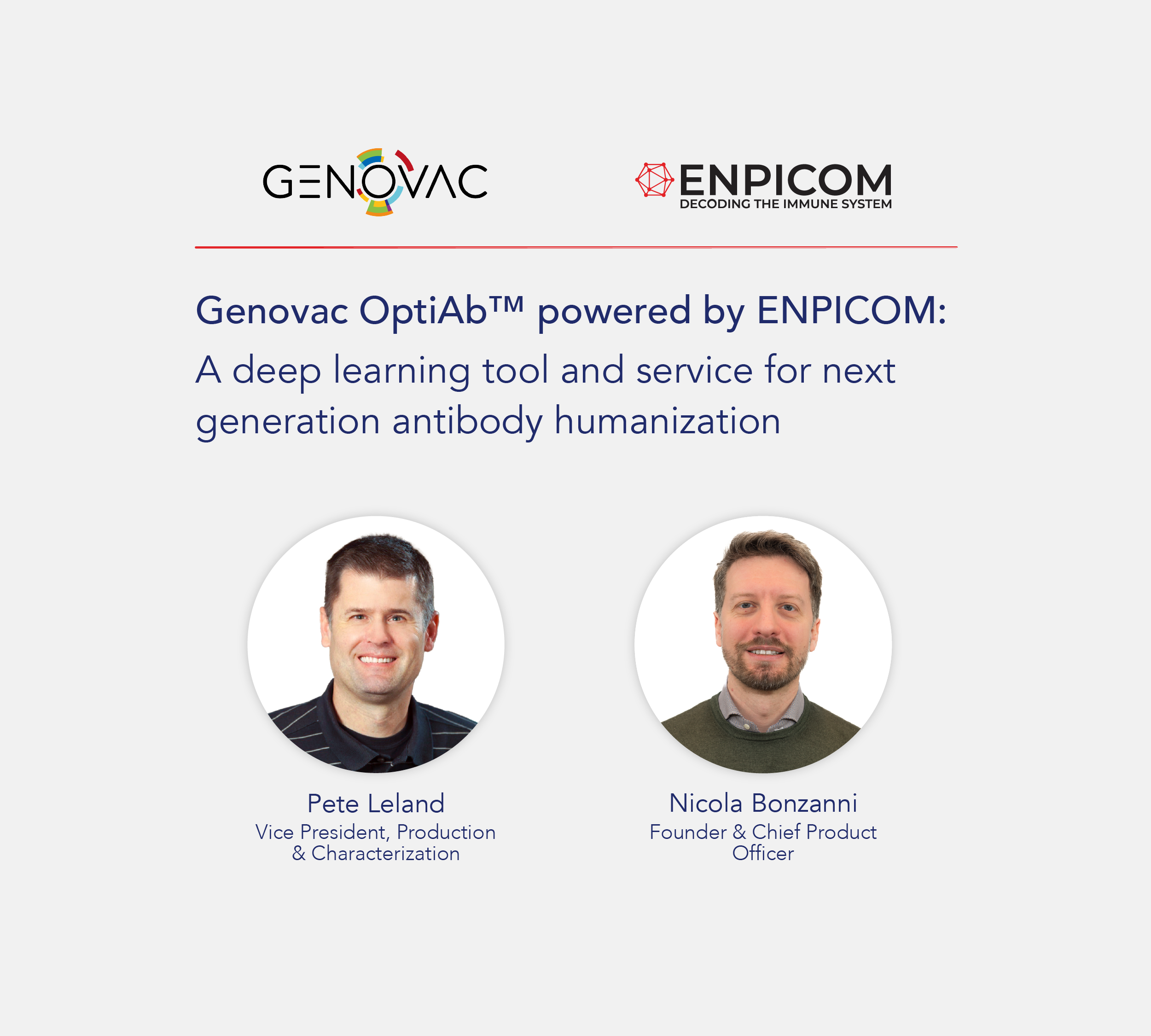 Nicola Bonzanni (ENPICOM) and Pete Leland (Genovac) presenting "Genovac OptiAb powered by ENPICOM - A deep learning tool and service for next generation antibody humanization"